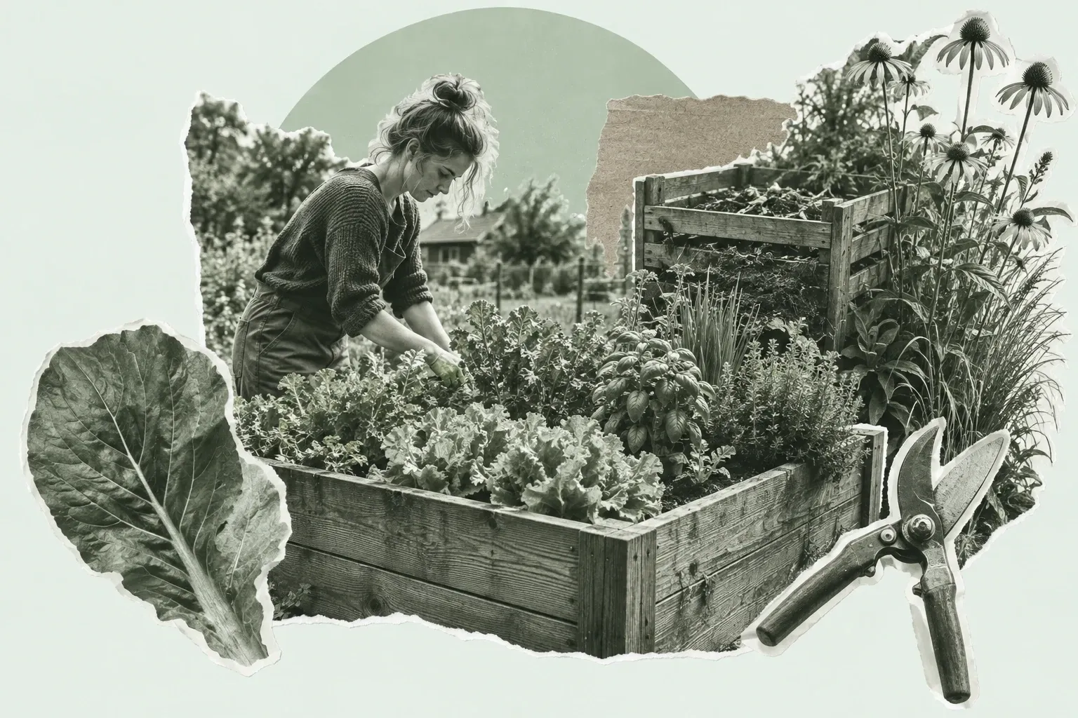 Frau pflegt Holzhochbeet mit Salat und Kräutern, Gartenschere und Komposter sichtbar