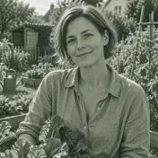 Frau mit kurzen Haaren und Leinenhemd in einem Gemüsegarten
