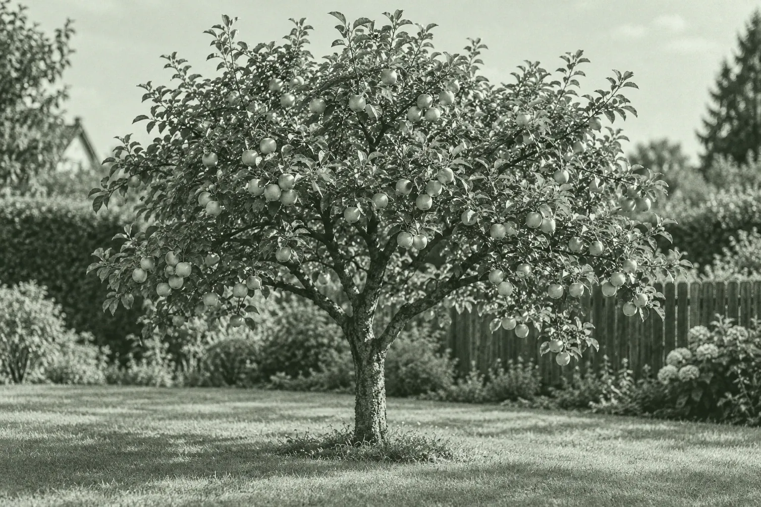 Apfelbaum mit reifen Früchten in gepflegtem Garten vor Hecke und Holzzaun