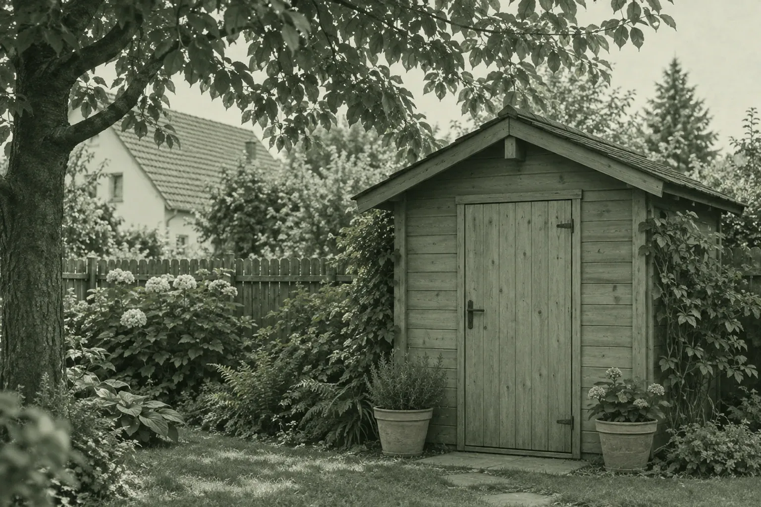 Holz-Gartenschuppen zwischen Büschen, Topfpflanzen und schattigen Bäumen im Garten
