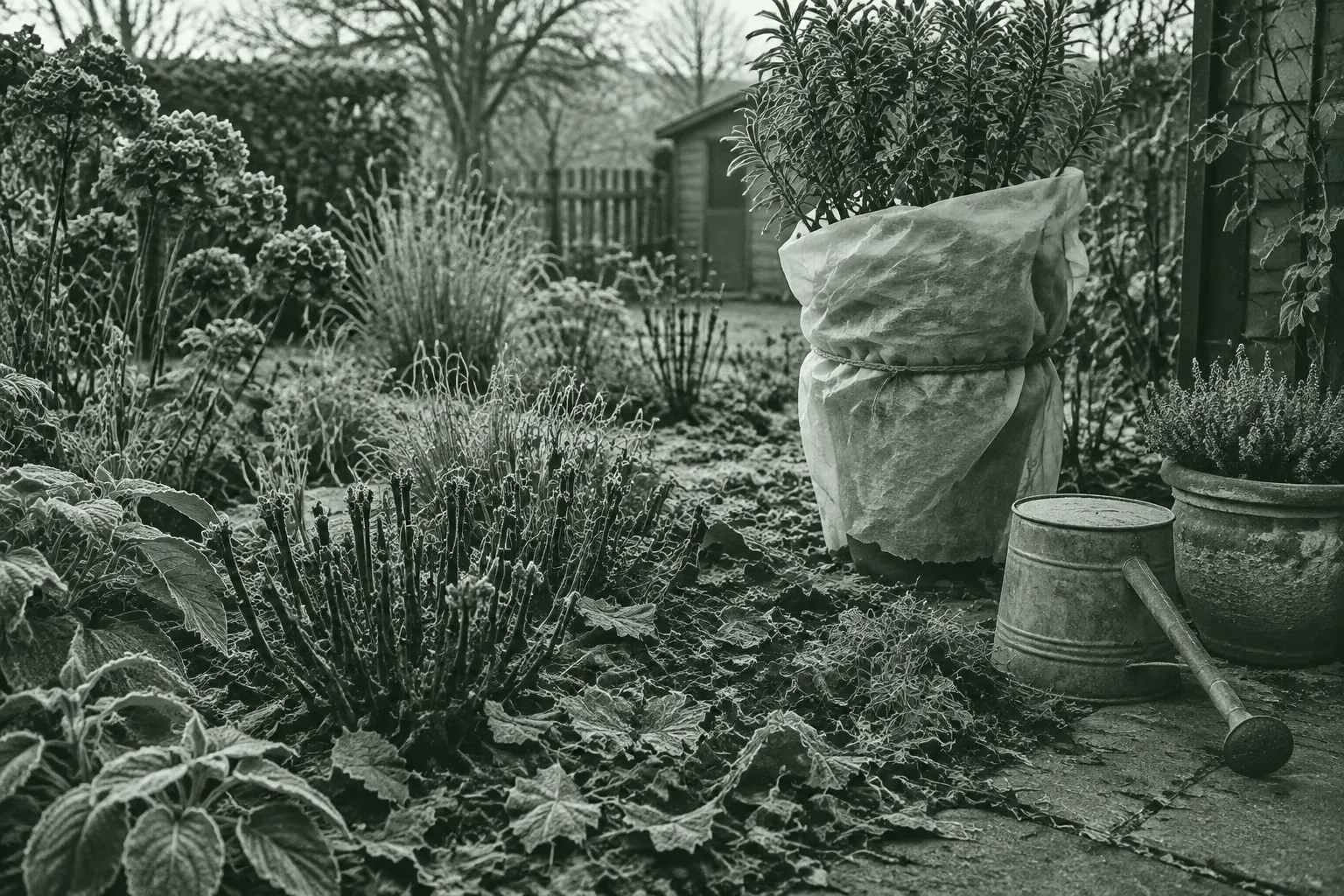 Frostiger Garten mit eingehaustem Kübelpflanze, Gießkanne und gefrorenen Beeten