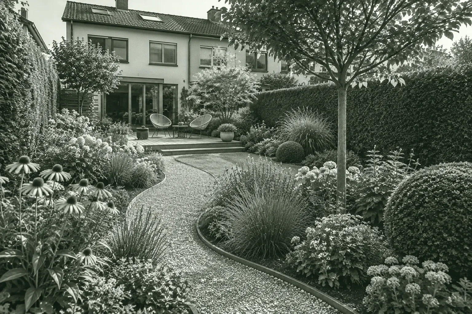 Geschwungener Kiesweg durch formalen Garten mit Buchs, Gräsern und Terrasse