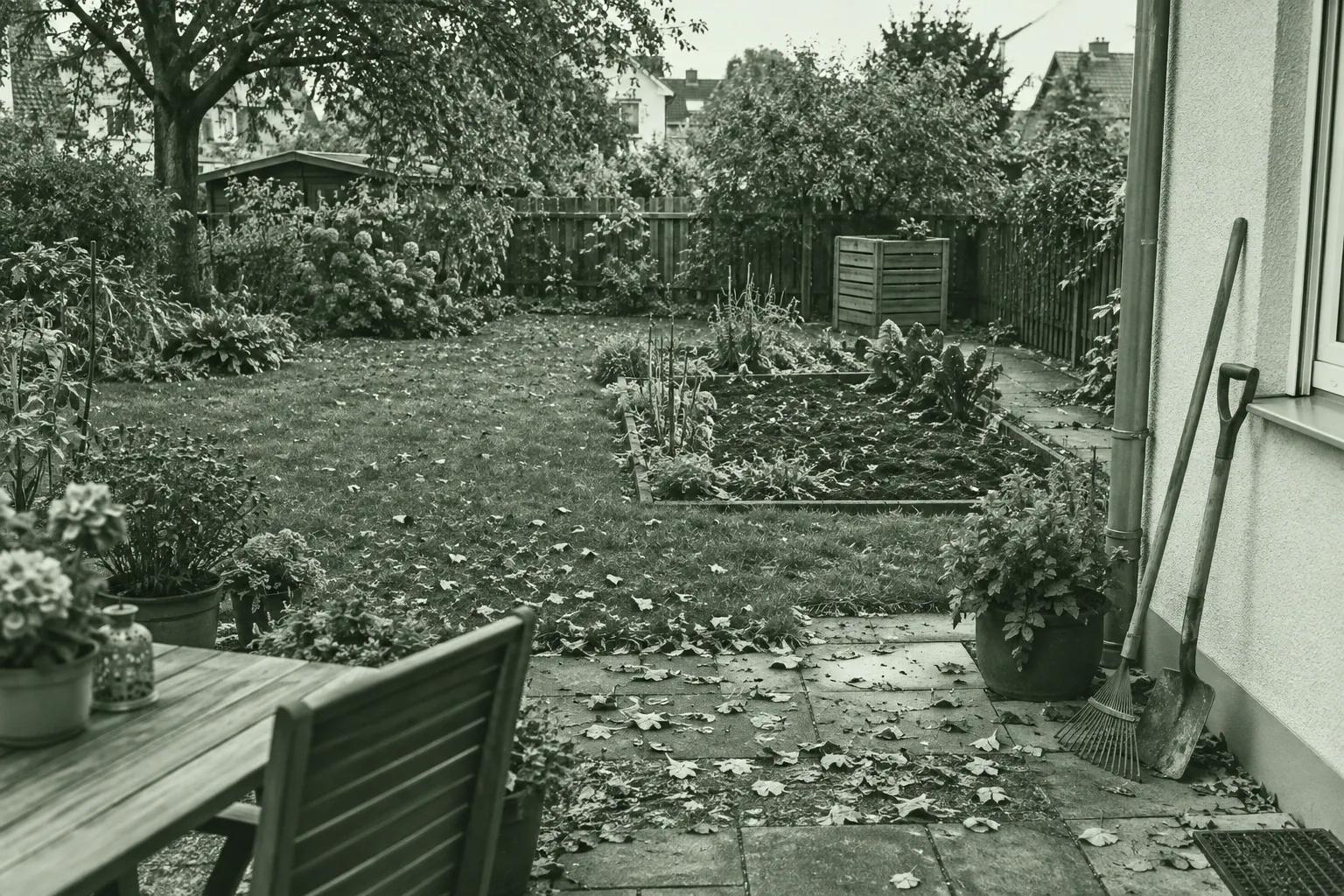 Garten mit Terrasse, Hochbeeten, Laub auf Rasen und Gartengeräten an der Hauswand