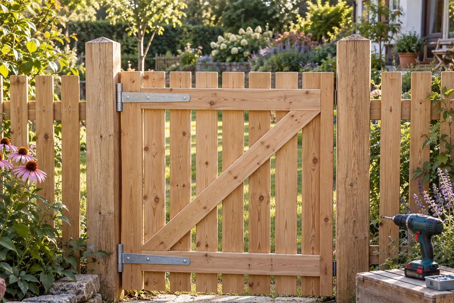 Holz-Gartentor mit Z-Profil, Pfosten, Garten im Hintergrund, Bohrmaschine rechts sichtbar