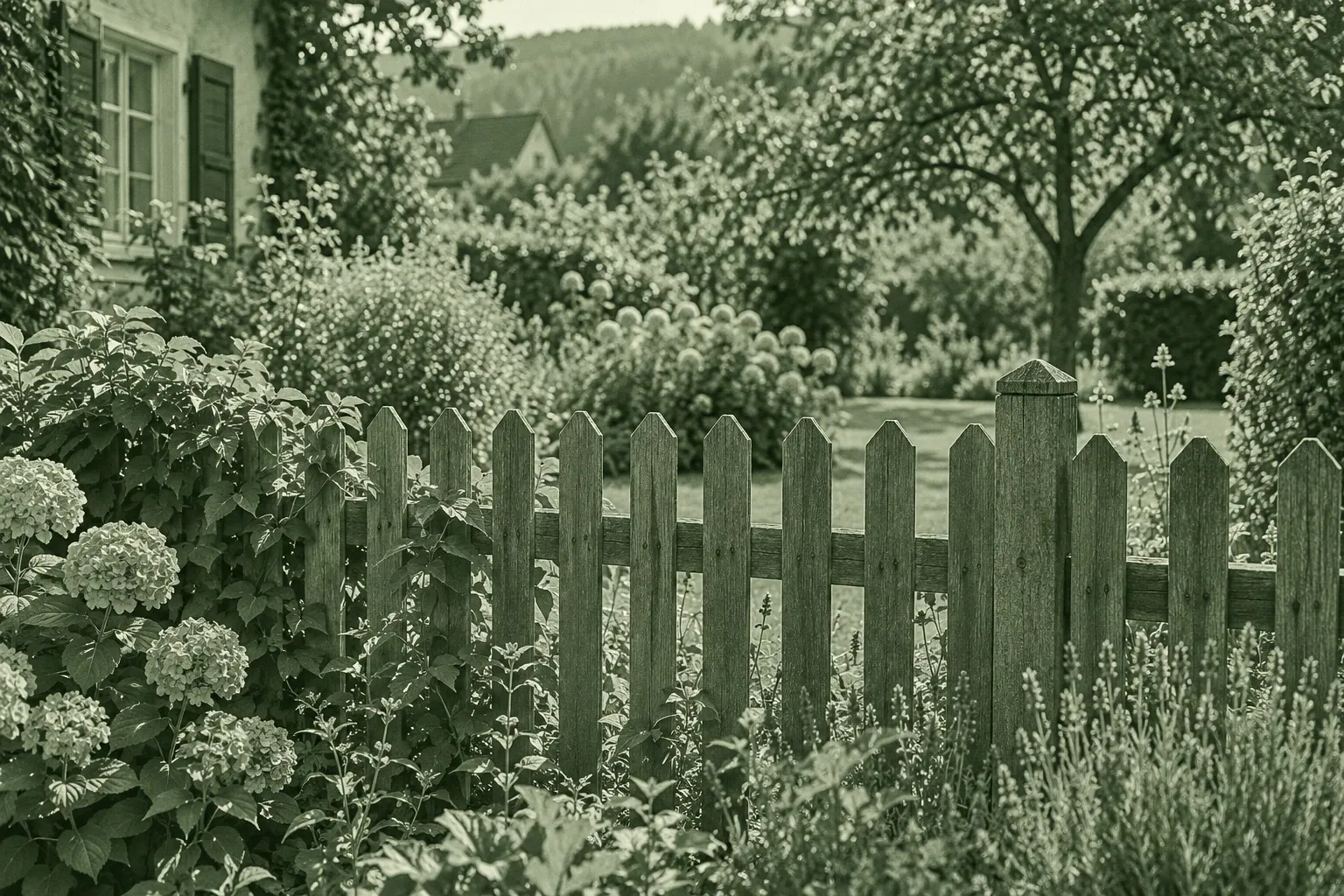 Holzzaun vor blühendem Garten mit Hortensien, Sträuchern und Rasenweg