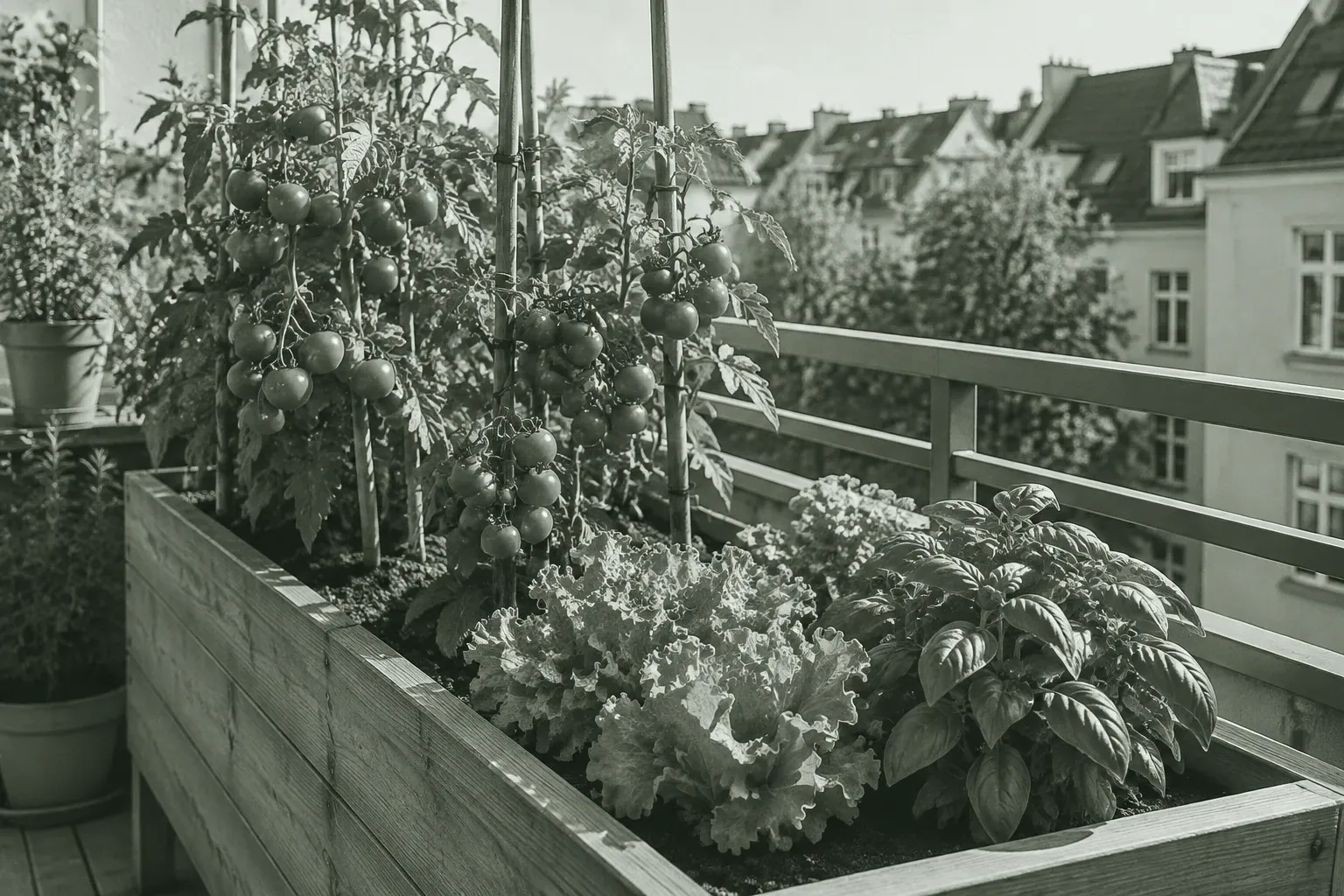 Hochbeet auf Balkon mit Tomaten, Salat und Basilikum vor städtischer Häuserzeile