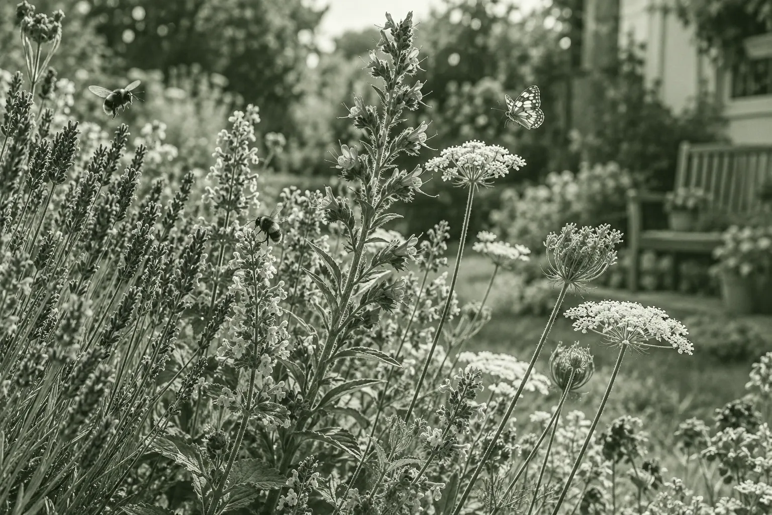 Lavendel und blühende Wildpflanzen mit Biene und Schmetterling im sonnigen Gartenlaubenbereich