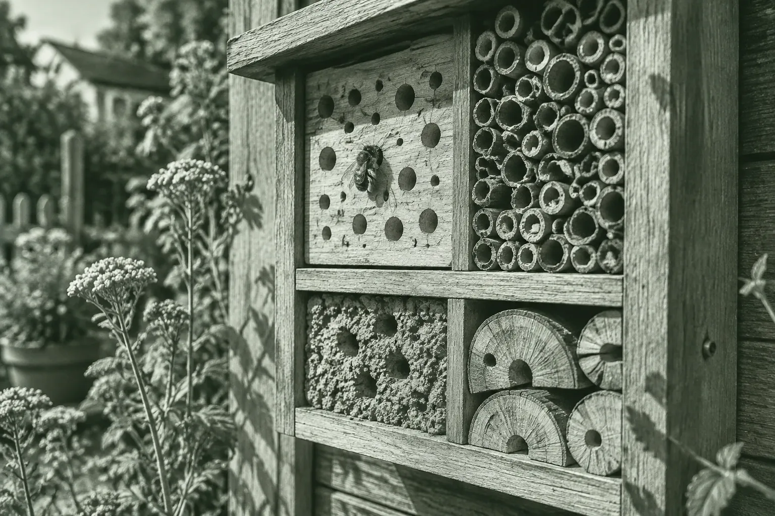 Insektenhotel mit Bohrlöchern, Schilfrohren und besetzten Nisthöhlen im Garten