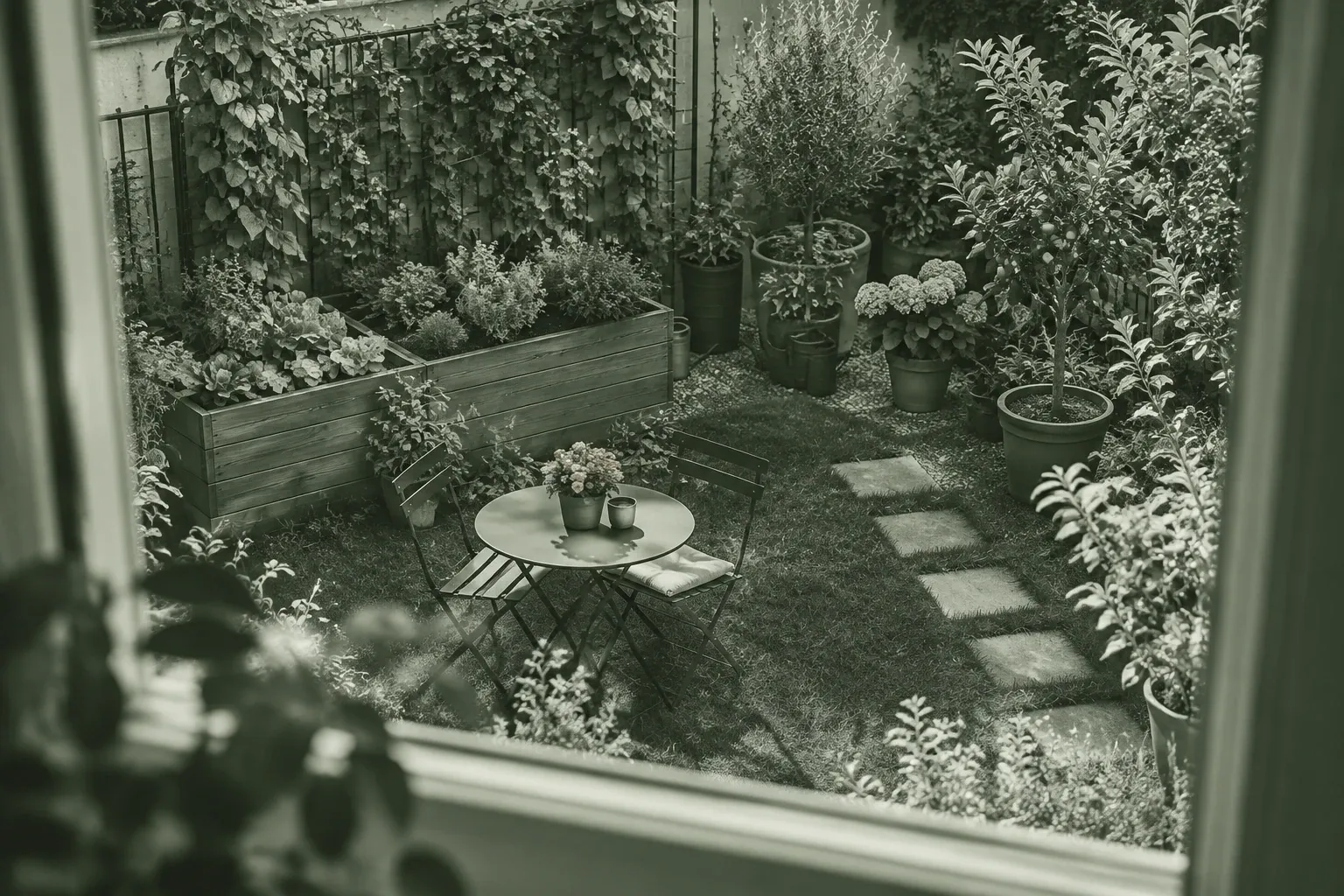 Kleiner Schaugarten mit runder Gartentisch, zwei Stühlen, Pflanzkübeln und Trittsteinen