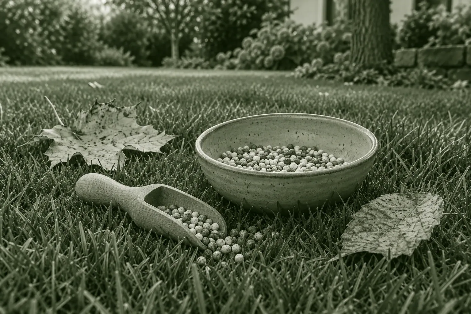 Schale und Holzschaufel mit kugeligen Herbstdüngerpellets auf Gras, Blätter daneben