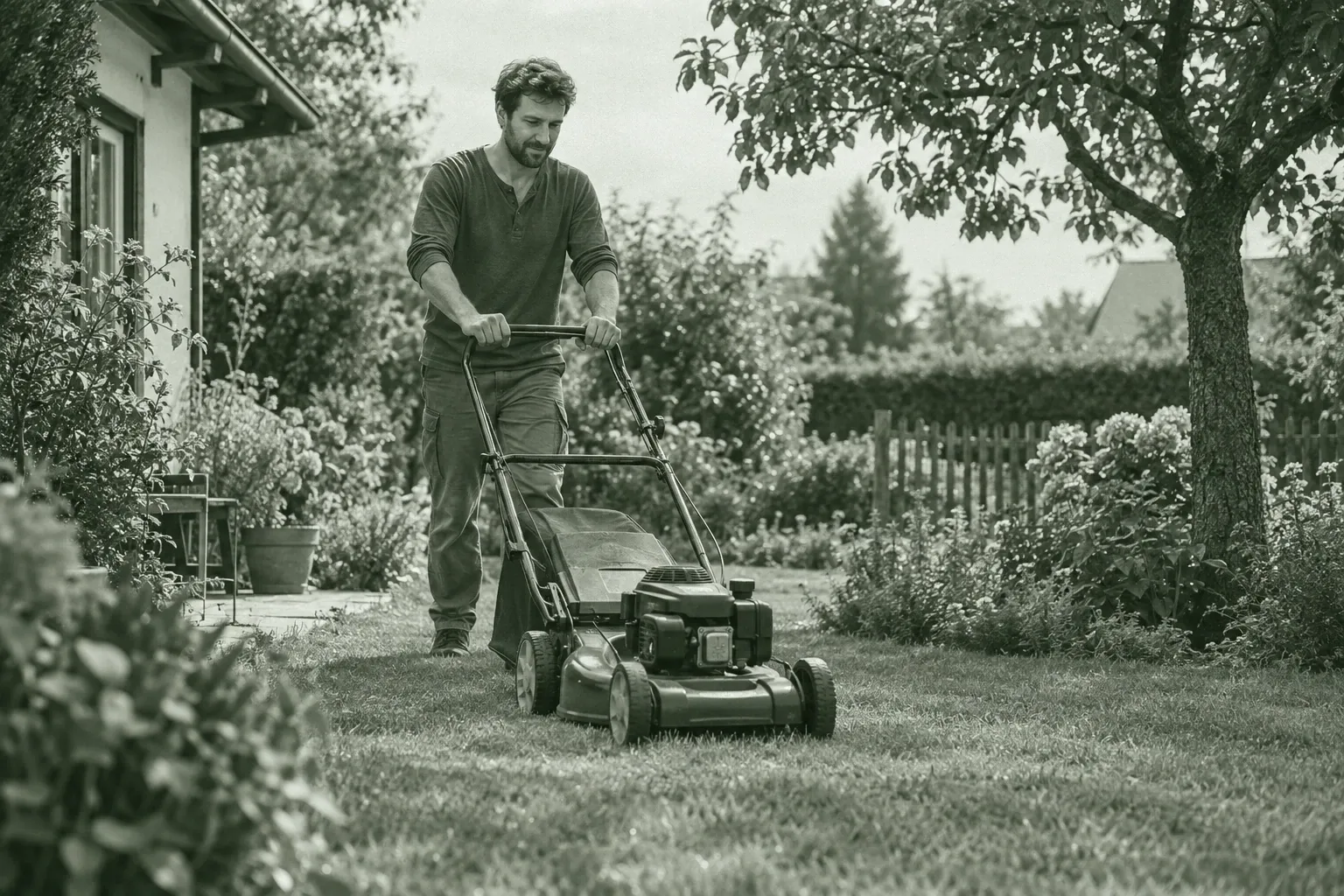 Mann mäht Rasen mit Benzinrasenmäher im Garten neben Haus und Bäumen