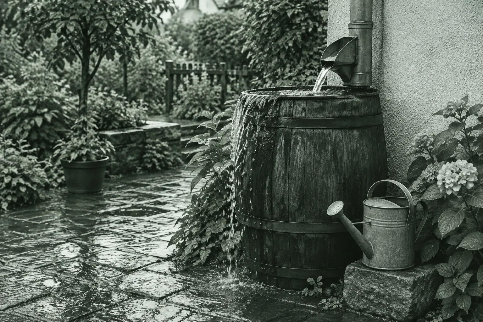 Regenwasser fällt in Holzfass von Fallrohr, Gießkanne daneben auf nassem Hof