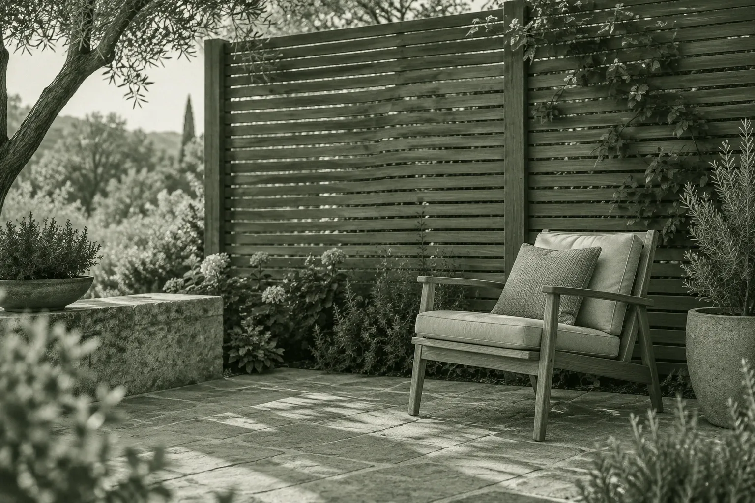 Holzlamellen-Sichtschutz hinter Gartenlounge mit Sessel, Kissen und Topfpflanzen