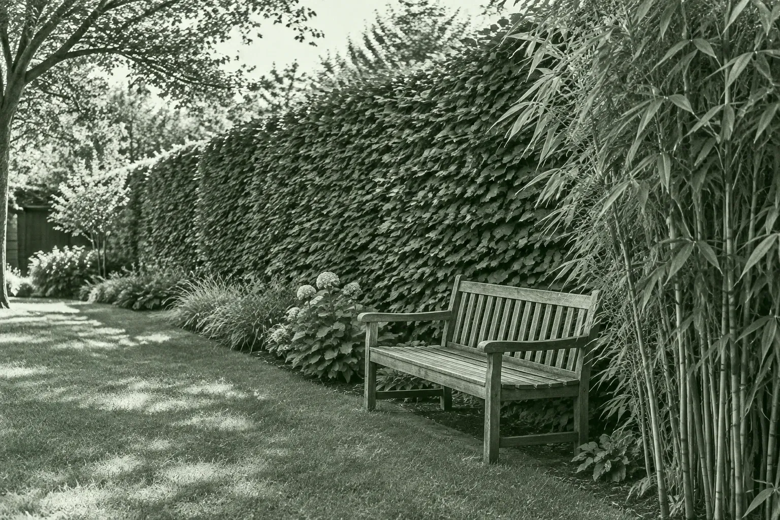 Gartenbank vor dichter Hecke aus Kletterpflanzen, Gräser und Hortensien im Rasen