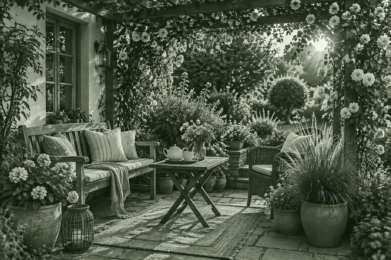 Garten-Sitzecke mit Holzbänken, Tisch, Teekanne, Kissen und blühender Pergola